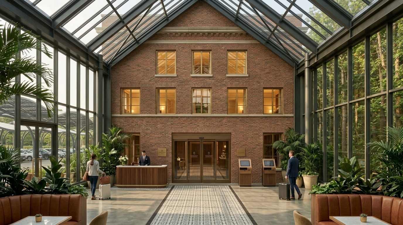 180-Degree Reverse View: Express Check-In Desk, Touchscreen Kiosks, and Keycard-Secured Acoustic Hotel Entrance into Building 1